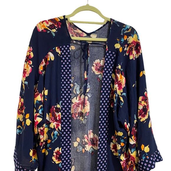 Band Of Gypsies Navy Floral Open Front Kimono Sz S - Picture 2 of 9